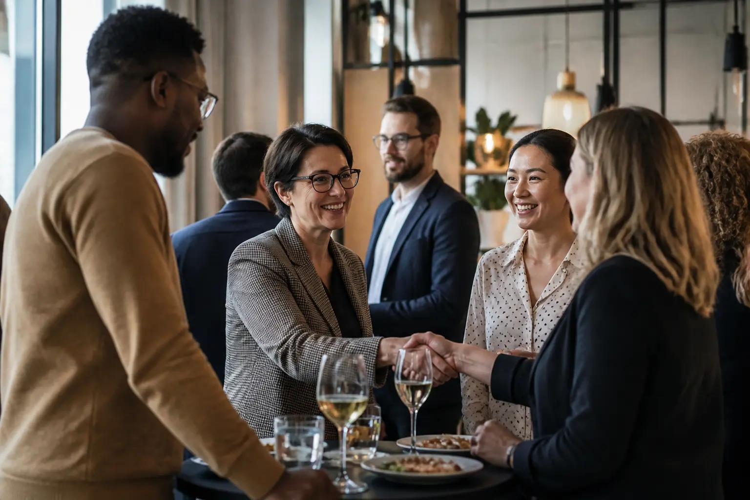 Afterwork professionnel convivial dans un lieu urbain chaleureux, collègues échangeant autour d’une table haute avec boissons.