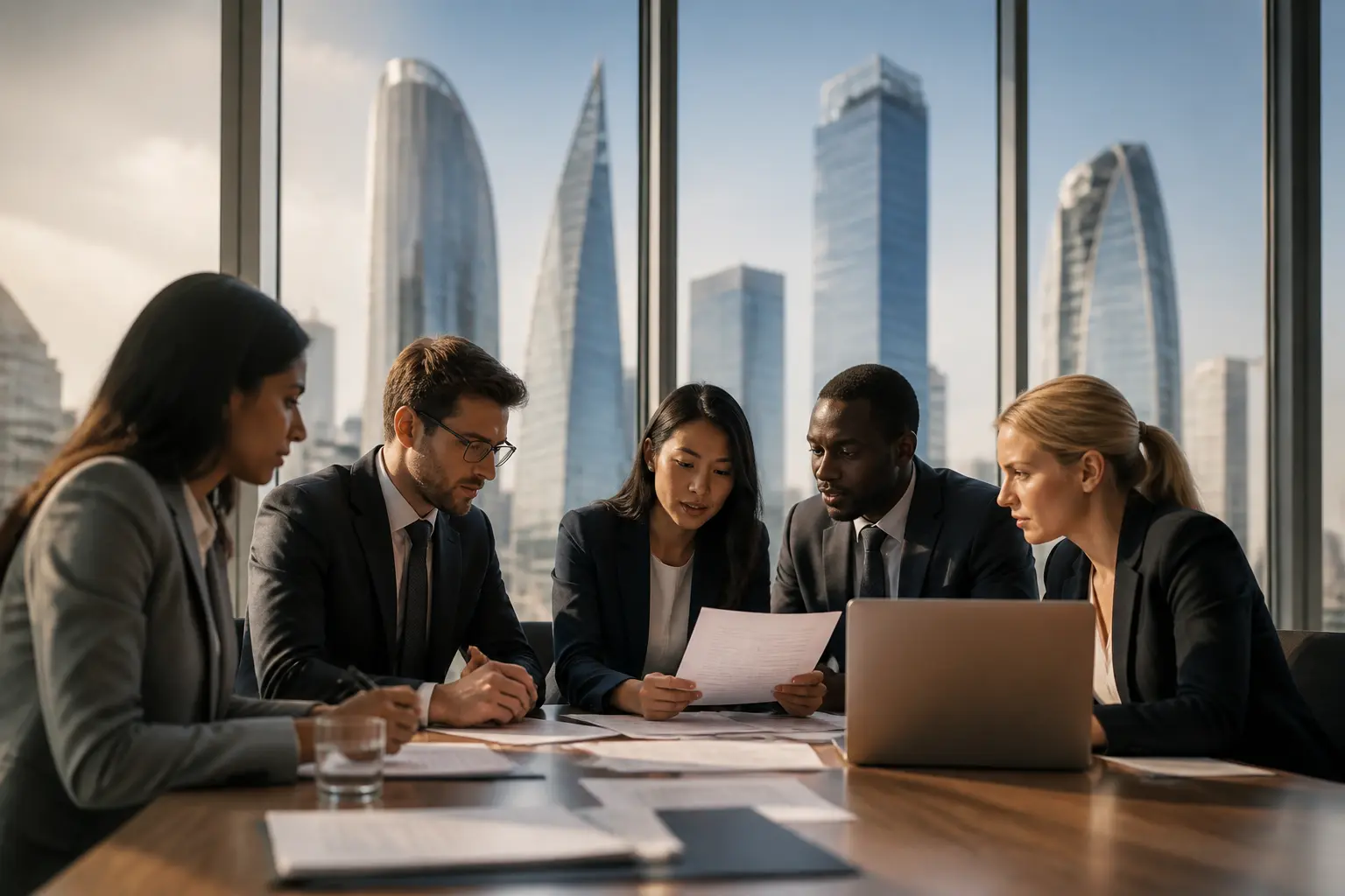 Big four : équipe de consultants et financiers en réunion devant des tours de bureaux modernes, ambiance internationale premium