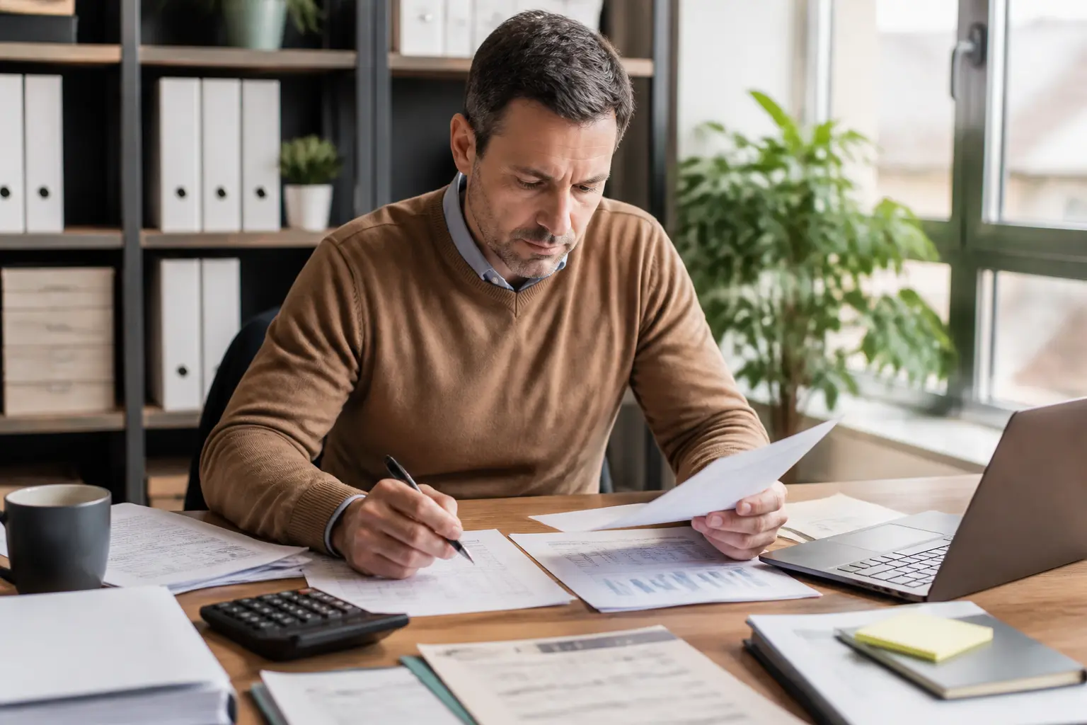 Manager examinant factures et rapport financier pour contrôler les charges externes d’une PME, bureau moderne.