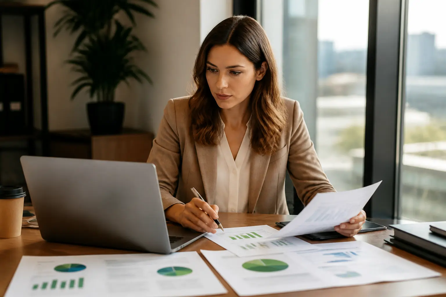 Devenir analyste ESG : professionnel en bureau moderne analysant données de durabilité sur ordinateur et rapports financiers