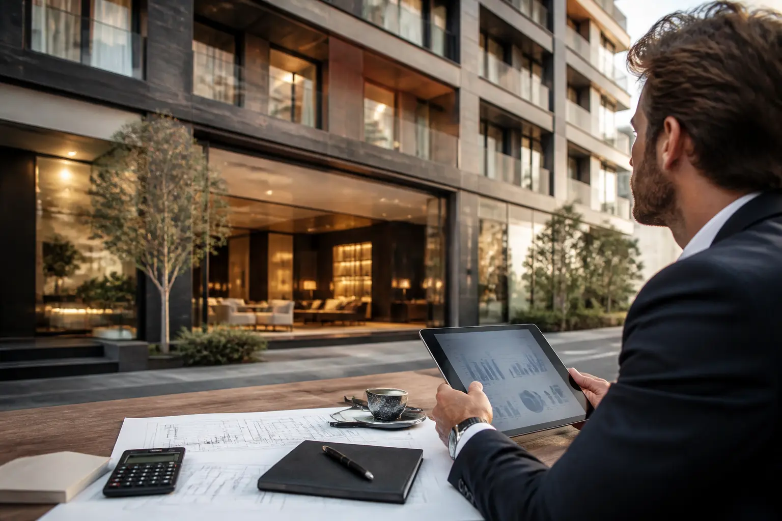 Investir hôtellerie : investisseur en hôtel moderne avec tablette, plans, calculatrice et ambiance financière premium