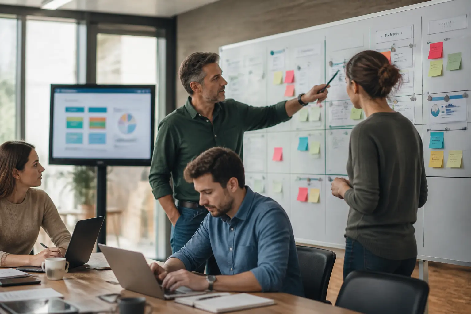 Équipe française en bureau moderne consultant un tableau de management visuel avec kanban, notes et dashboard.