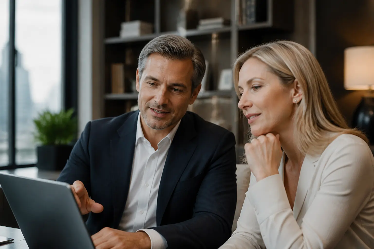 Conseiller et client analysant un money pitch sur tableau de bord financier centralisé, bureau élégant, tons chauds