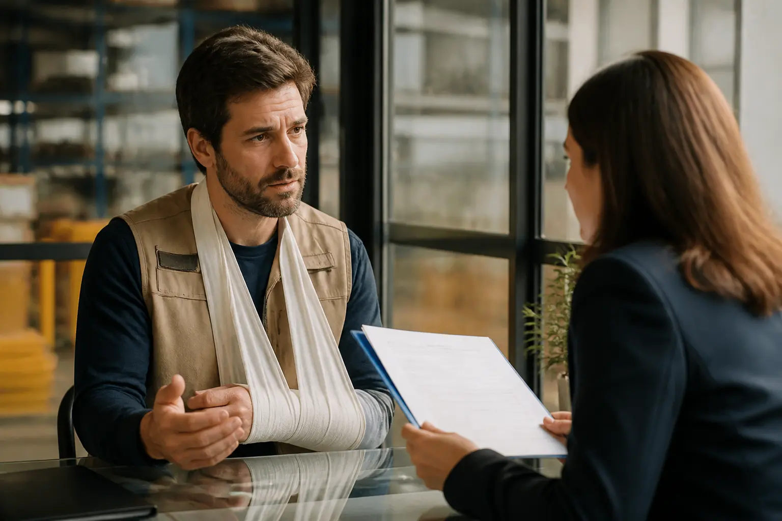 Nouvelle loi sur les accidents du travail : salarié blessé au bras, contexte bureau sécurisé, ambiance juridique et CPAM