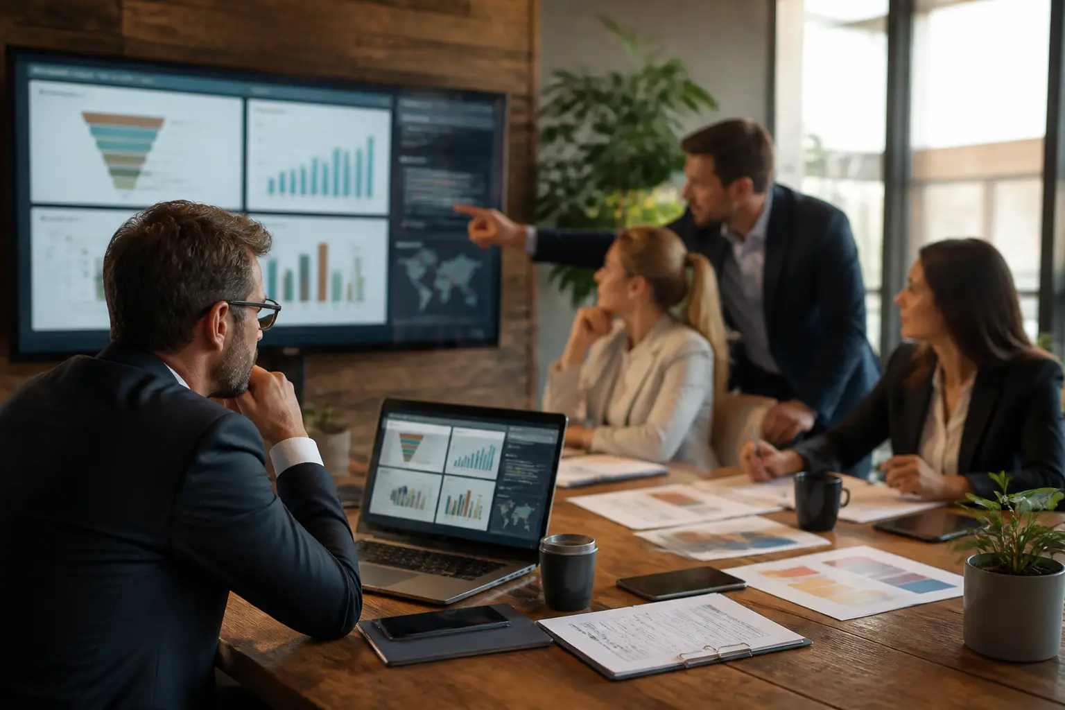 Organisation commerciale : équipe de vente analysant un CRM, leads et territoires dans un bureau moderne chaleureux