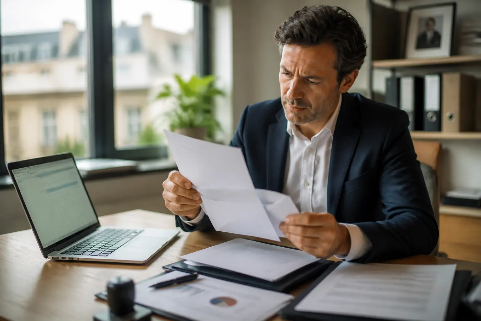 Chef d’entreprise français inquiet ouvrant un courrier sur le registre des sociétés européennes, bureau moderne avec documents administratifs.