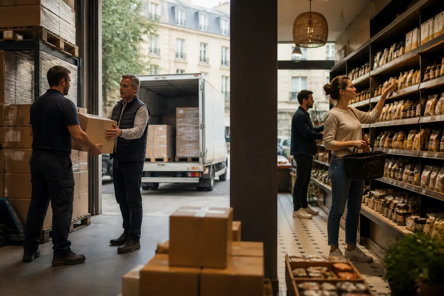 Sellin sellout en retail : entrepôt, transfert de marchandises vers le magasin, clients prenant les produits, écart visible entre stock et ventes
