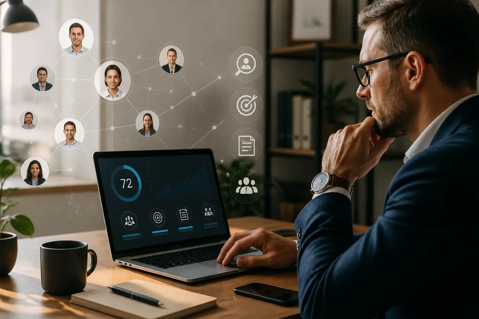 Professionnel analysant un social selling index sur tableau de bord LinkedIn, réseau B2B et stratégie commerciale.