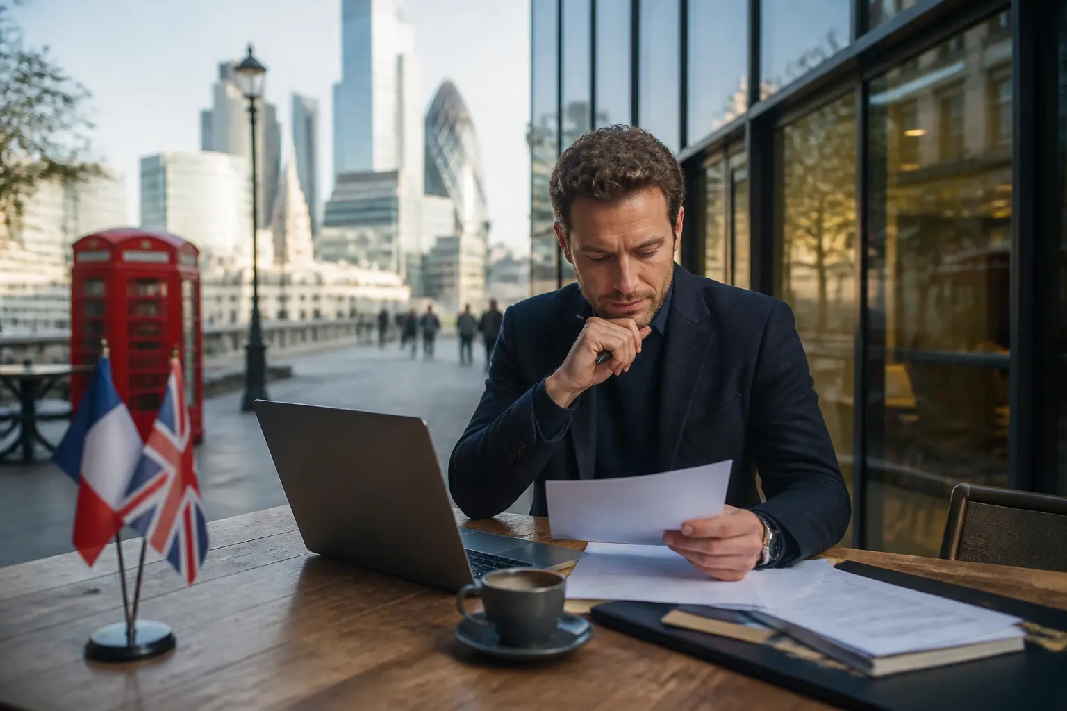 Société à Londres : entrepreneur vérifiant des documents, laptop et repères de conformité dans un décor londonien réaliste