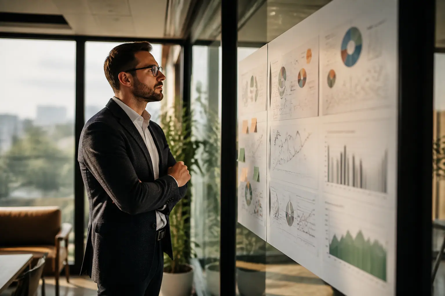 Stratégie de domaine en réunion, entrepreneur analysant un tableau stratégique avec graphiques et options concurrentielles.