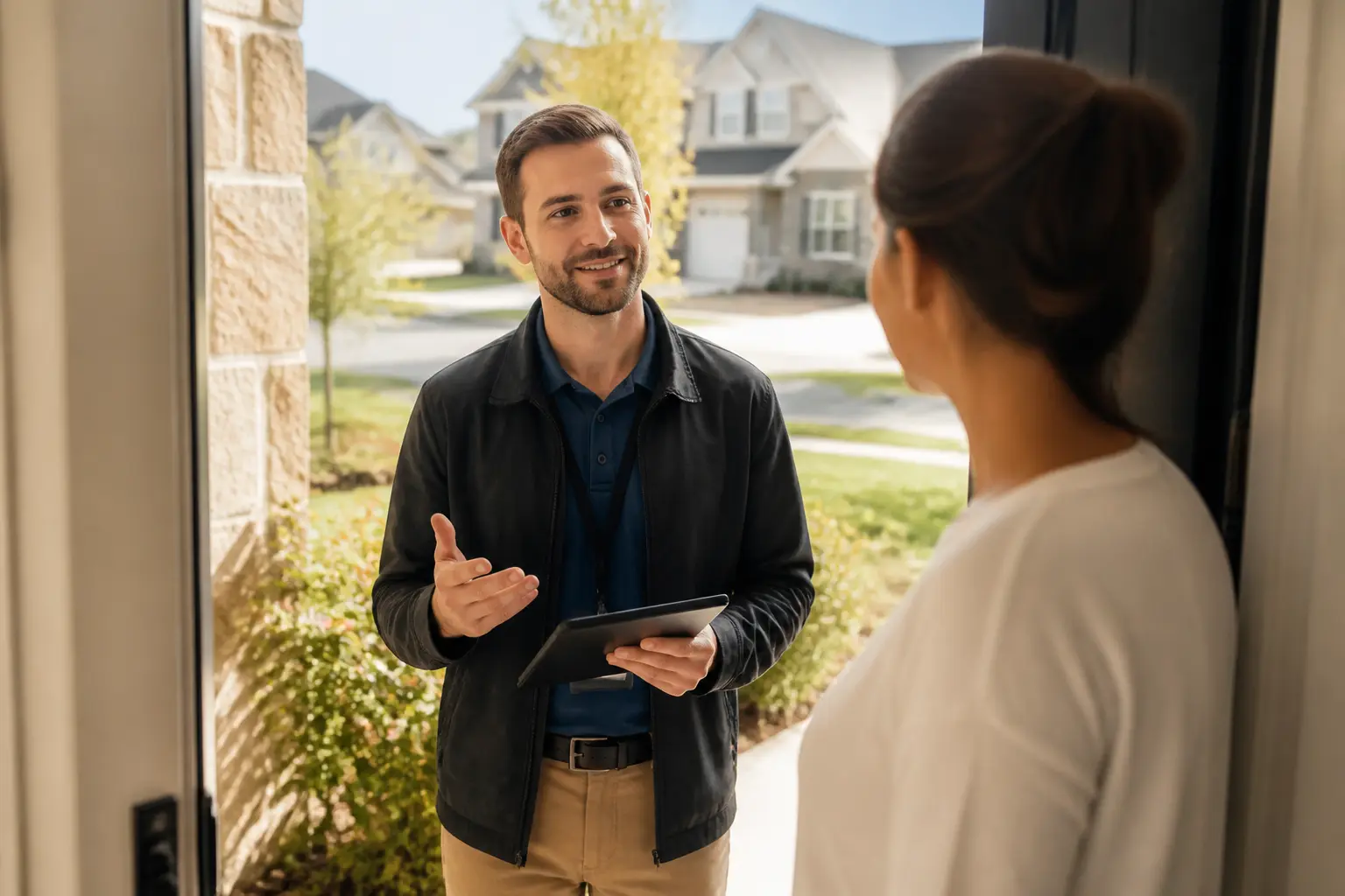 Vendeur porte a porte professionnel discutant avec un résident sur le pas d’une maison en quartier résidentiel