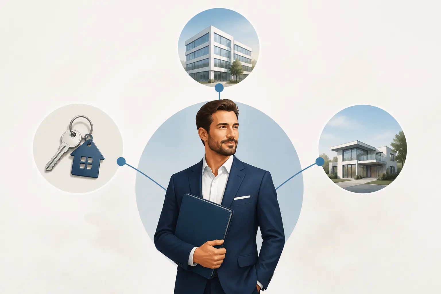 Agent commercial immobilier indépendant avec dossier, clé et annonce de bien, illustrant la représentation d’un mandant.