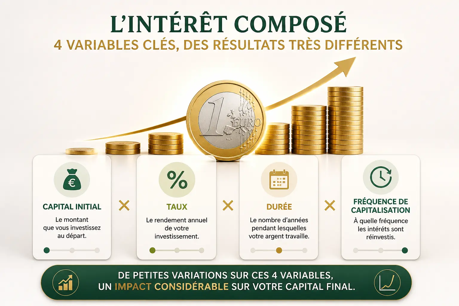 Calcul intérêt composé : schéma des 4 variables clés autour d’une pièce en hausse, capital, taux, durée, fréquence