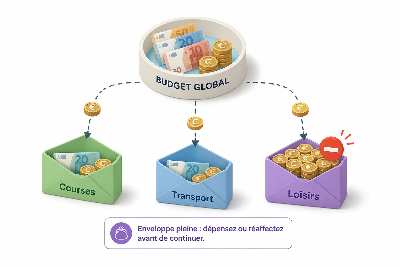 Schéma d’enveloppe budgétaire avec enveloppes Courses, Transport et Loisirs, et une enveloppe pleine stoppant les dépenses.