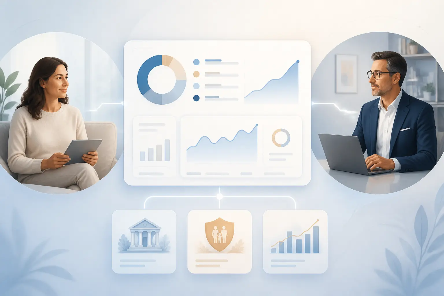 Money Pitch : tableau de bord patrimonial reliant client et conseiller, comptes, assurance vie et titres.