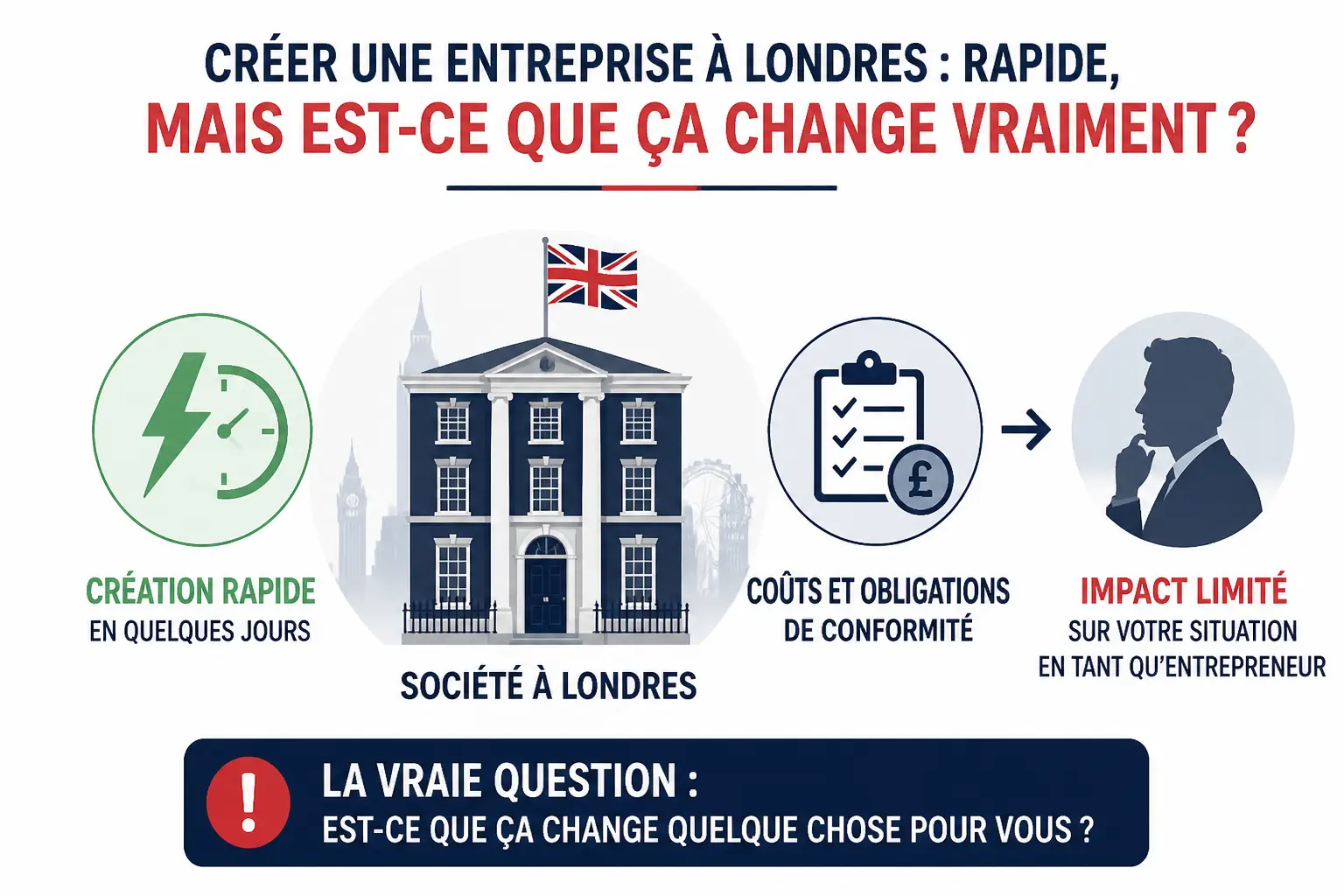 Société à Londres : infographie montrant création rapide, coûts de conformité et impact limité pour l’entrepreneur