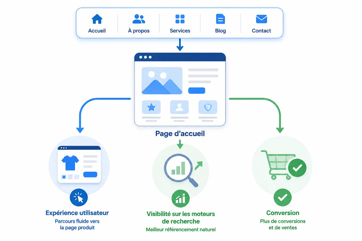 Arborescence site web : schéma clair reliant accueil, produit, visibilité SEO et conversion.