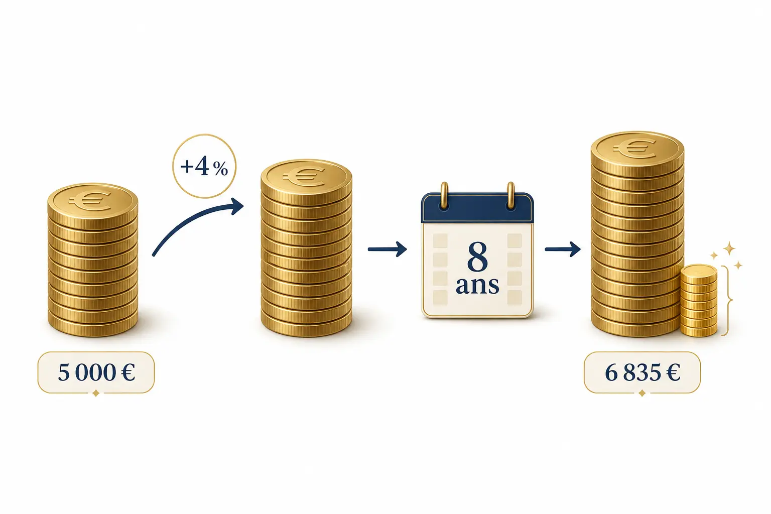 Calcul intérêt composé : schéma étape par étape avec 5 000 €, +4 %, 8 ans et 6 835 €