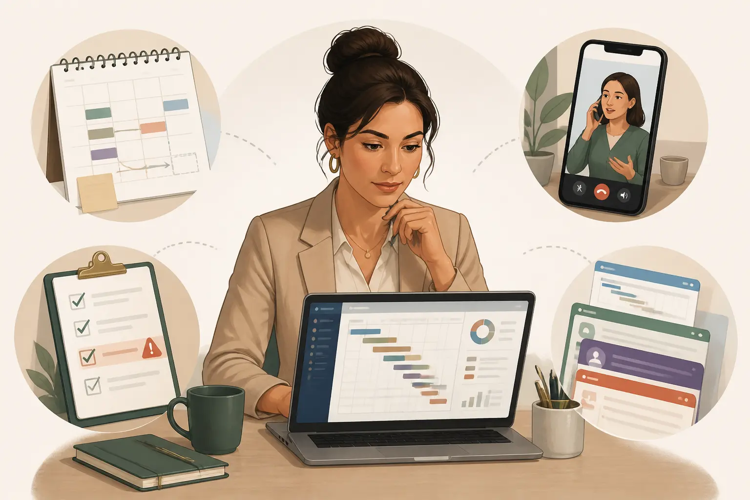 Chef de projet événementiel gérant planning, appels fournisseurs et checklist dans une illustration moderne