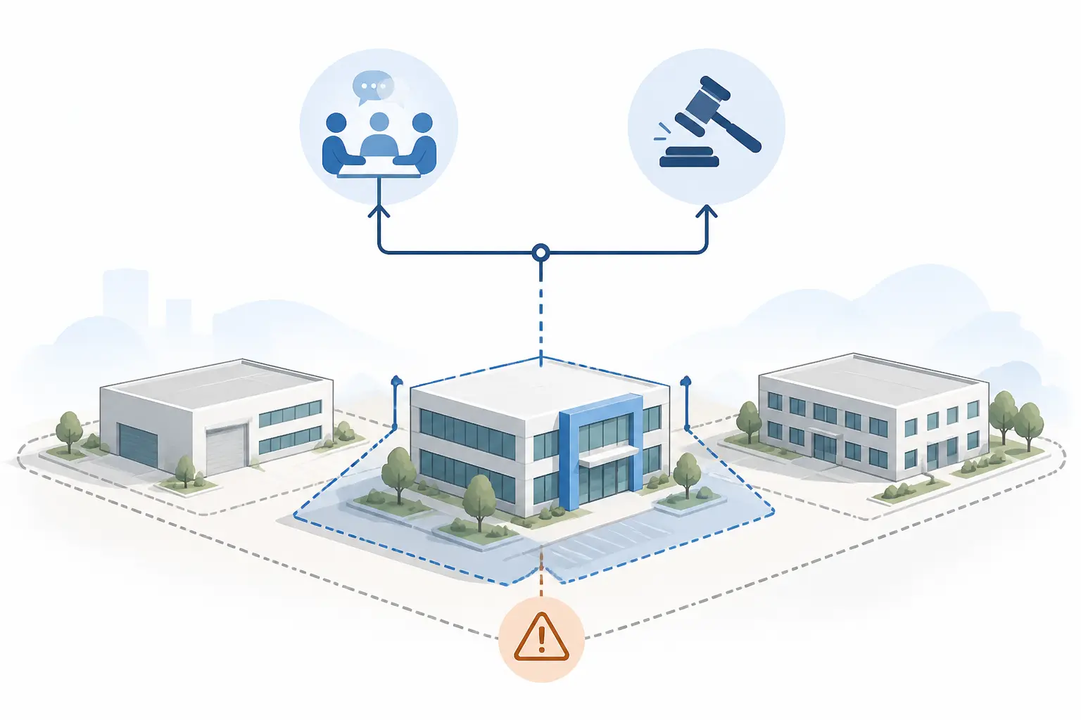 Comité d'établissement : schéma d’un site multi-bâtiments avec un établissement distinct mis en avant