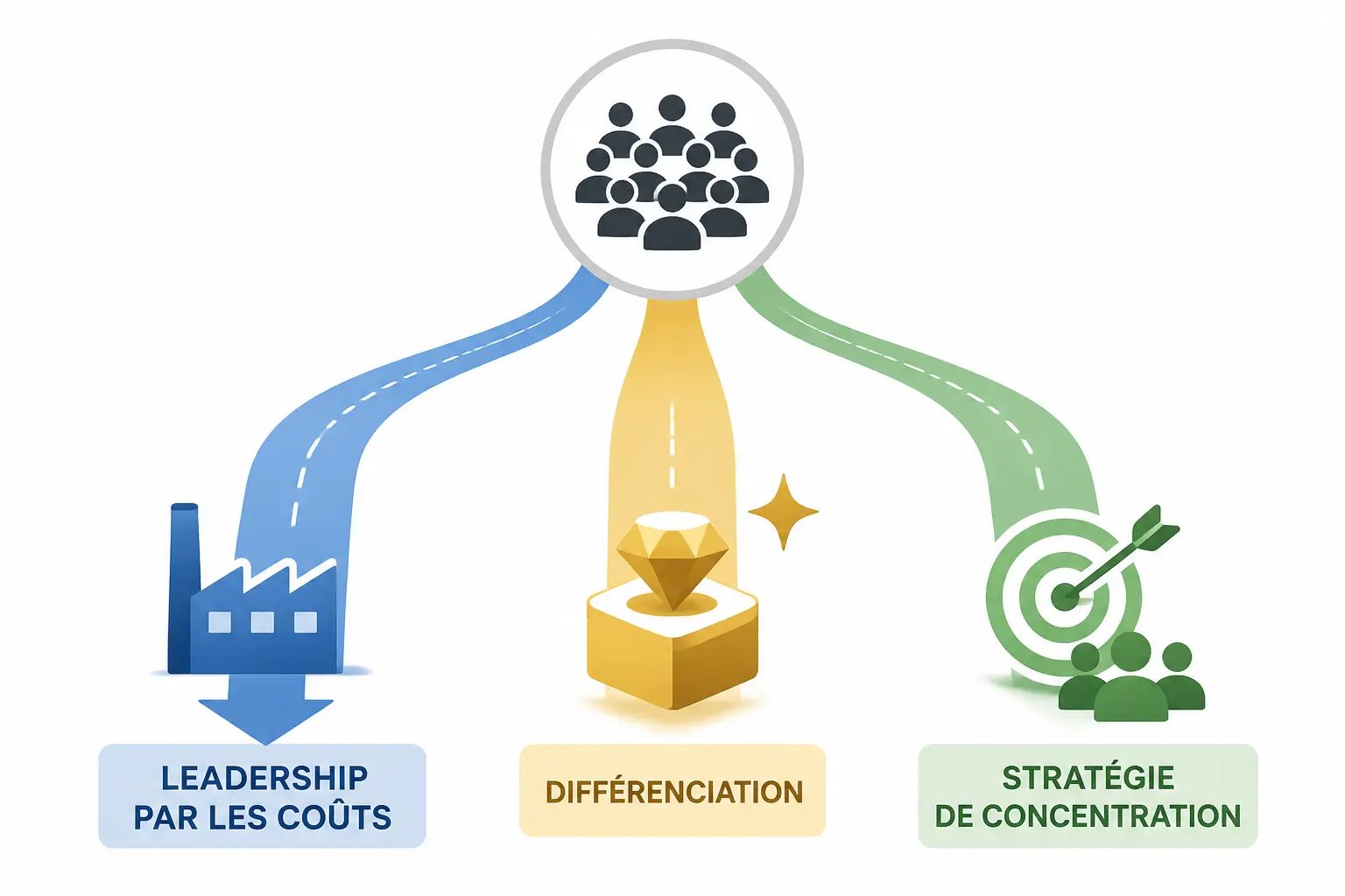 Schéma de stratégie de domaine montrant les 3 options de Porter : coût, différenciation et focus.