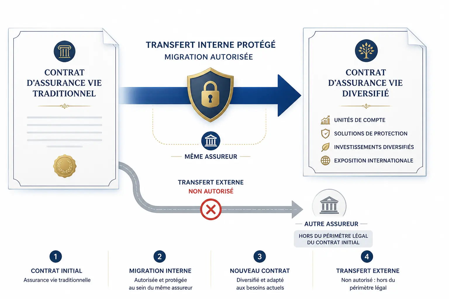 Transfert assurance vie : schéma du passage interne d’un contrat ancien vers un contrat diversifié, avec transfert externe bloqué