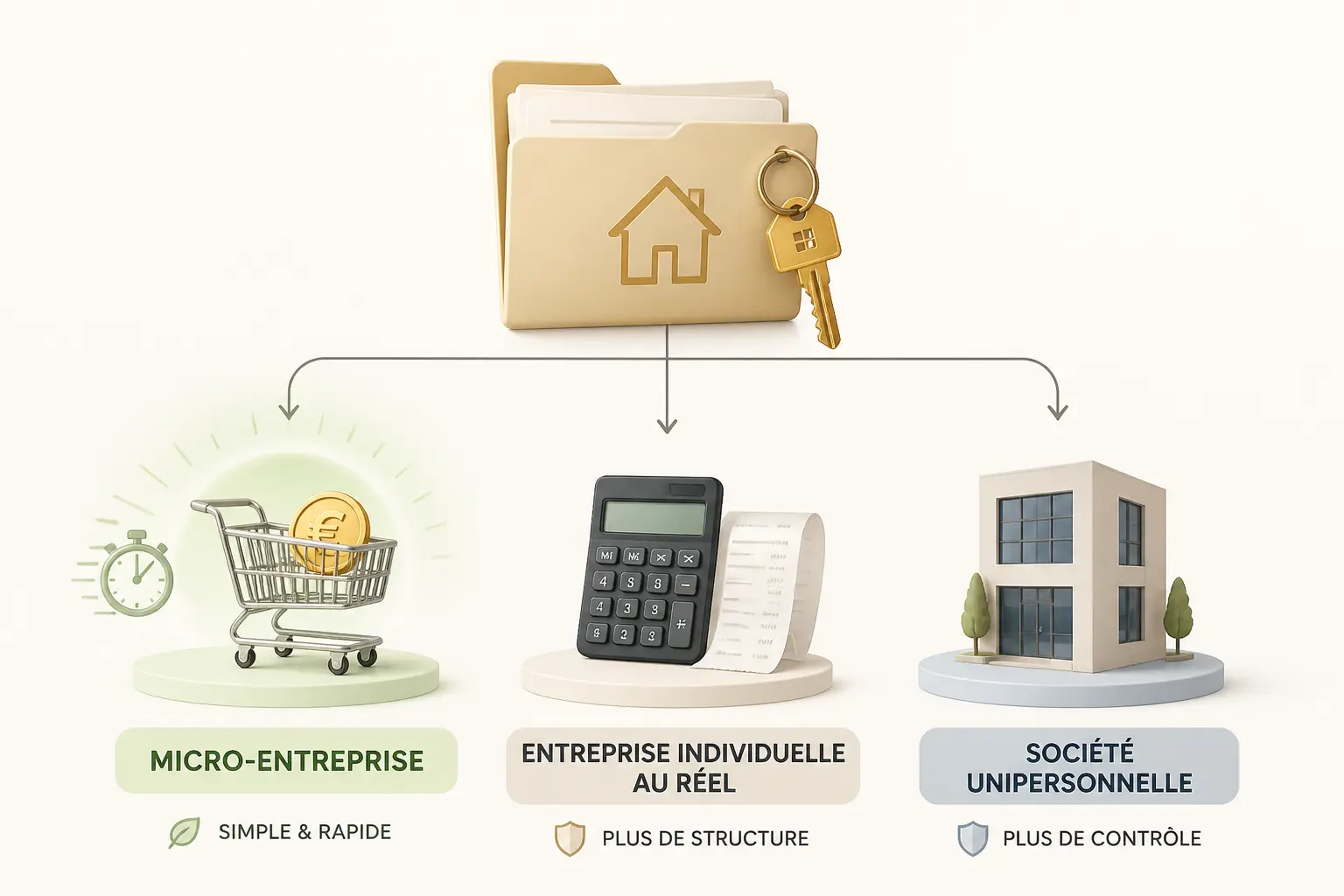 Schéma sur le statut juridique de l’agent commercial immobilier : micro-entreprise, réel ou société unipersonnelle.