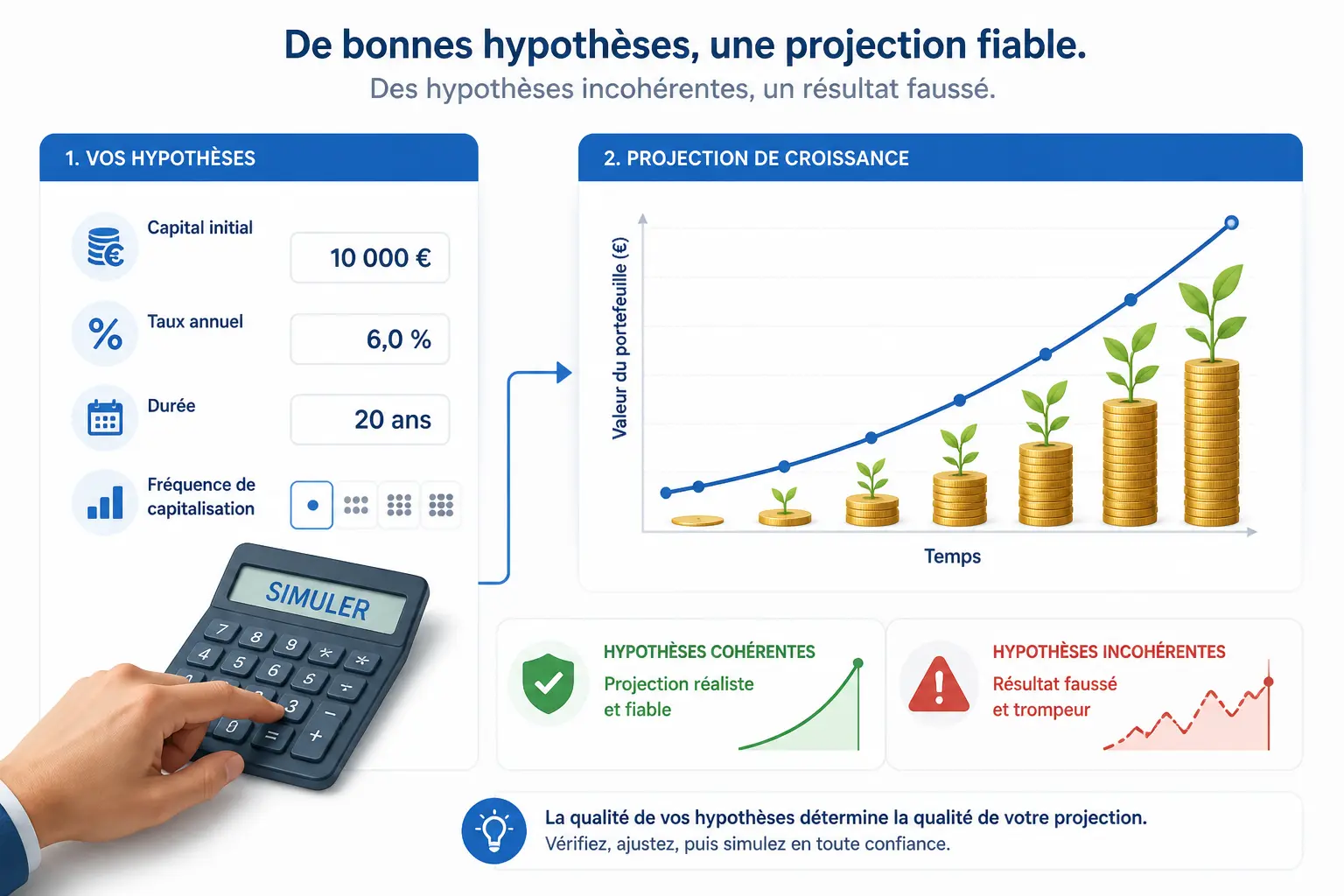 Calcul intérêt composé : saisie d’hypothèses cohérentes sur calculatrice, calendrier, % et courbe de croissance.
