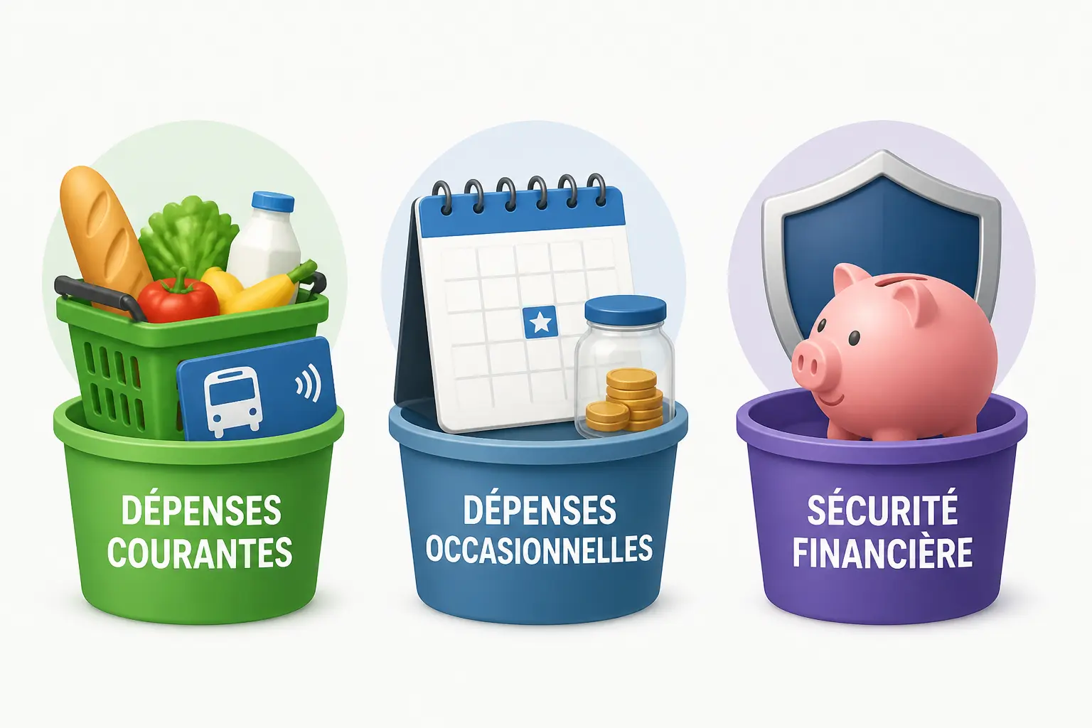 Enveloppe budgétaire : trois catégories illustrées par courses, transport, dépenses occasionnelles et sécurité financière.