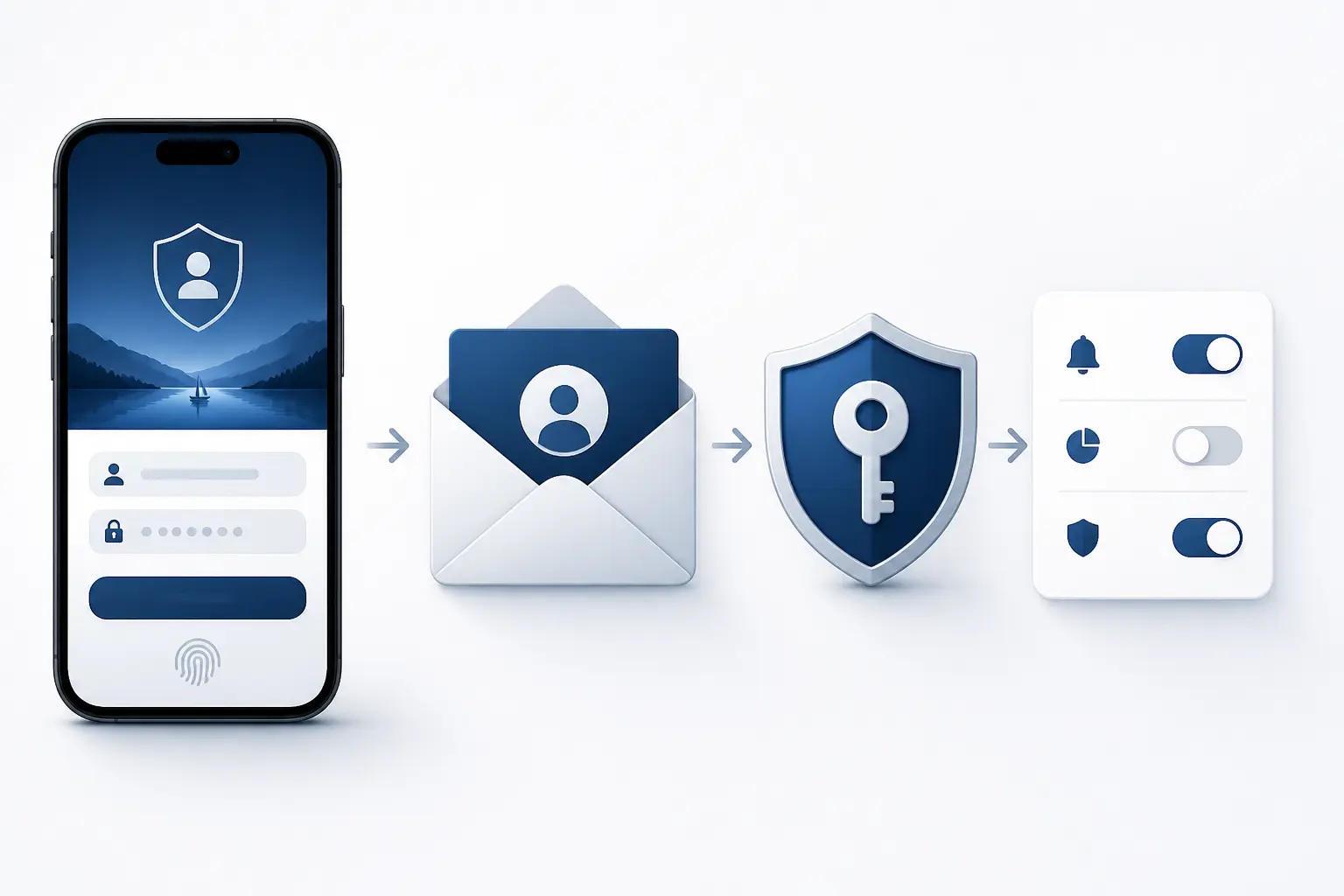 Money Pitch : smartphone de connexion, e-mail d’invitation, clé de mot de passe et réglage initial sécurisé.