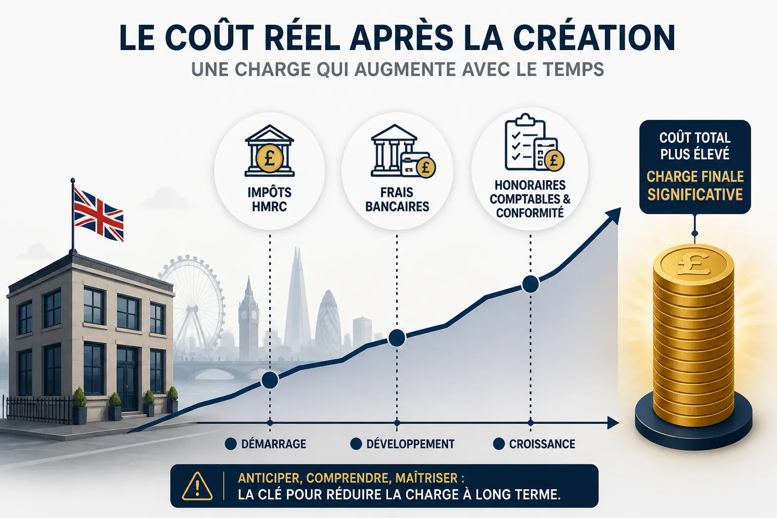 Société à Londres : infographie du coût réel après création, avec taxes HMRC, frais bancaires et conformité.