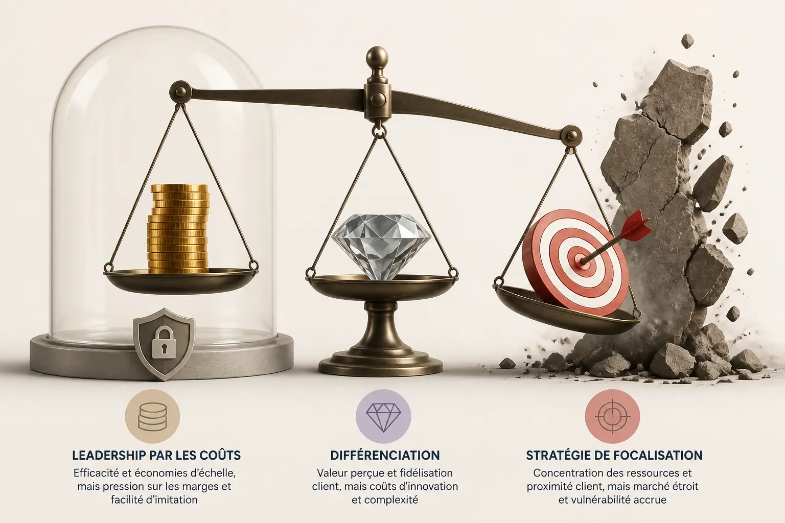 Infographie éditoriale sur la stratégie de domaine : balance entre coûts, différenciation et focalisation.