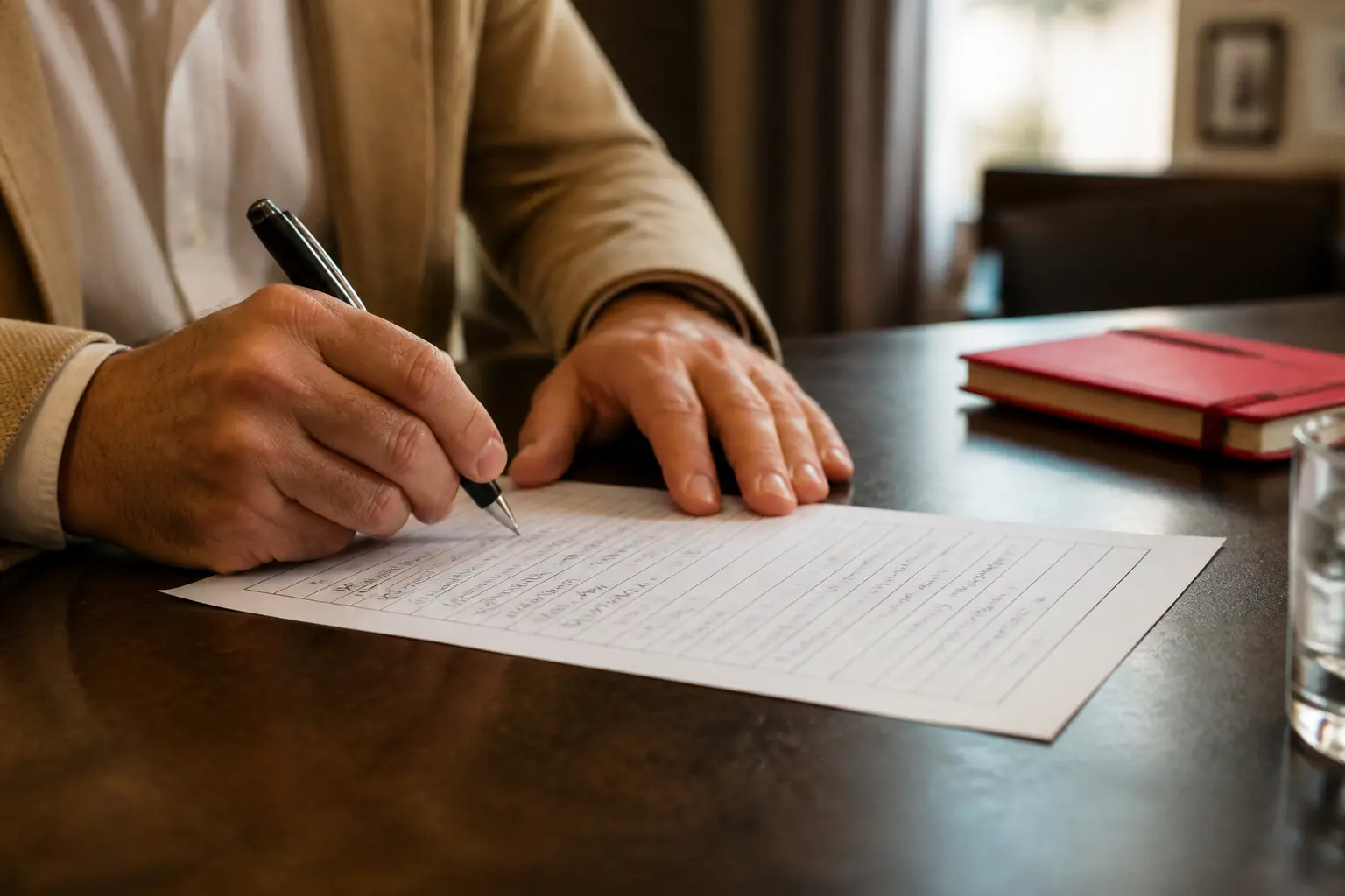 Mains signant une feuille de presence sur une table de réunion, ambiance bureau chaleureuse et naturelle
