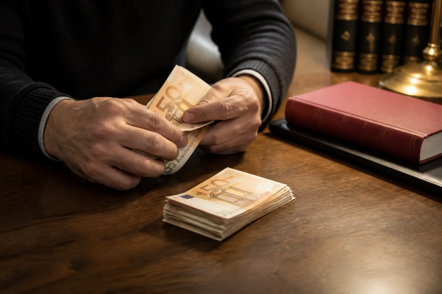 Mains comptant et empilant des billets en euros sur une table, illustrant une réduction de capital non motivée par des pertes.