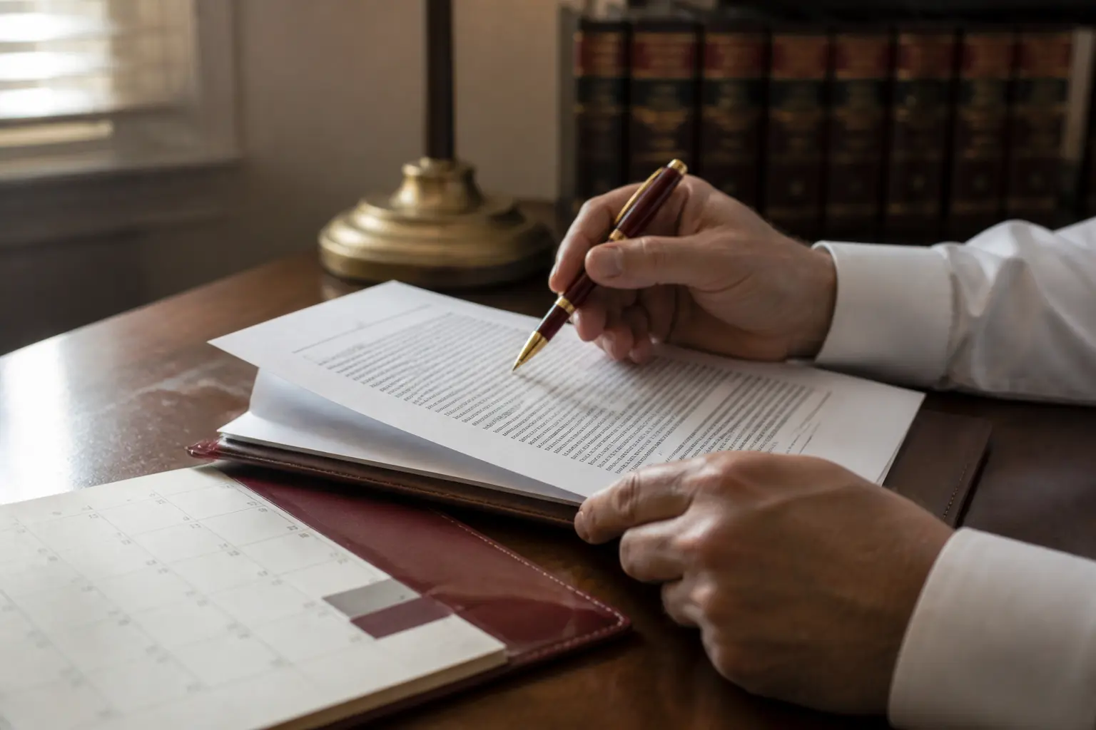 Renouvellement du bail commercial : mains examinant un contrat sur un bureau en bois, avec calendrier et stylo dans un cabinet d’avocat.