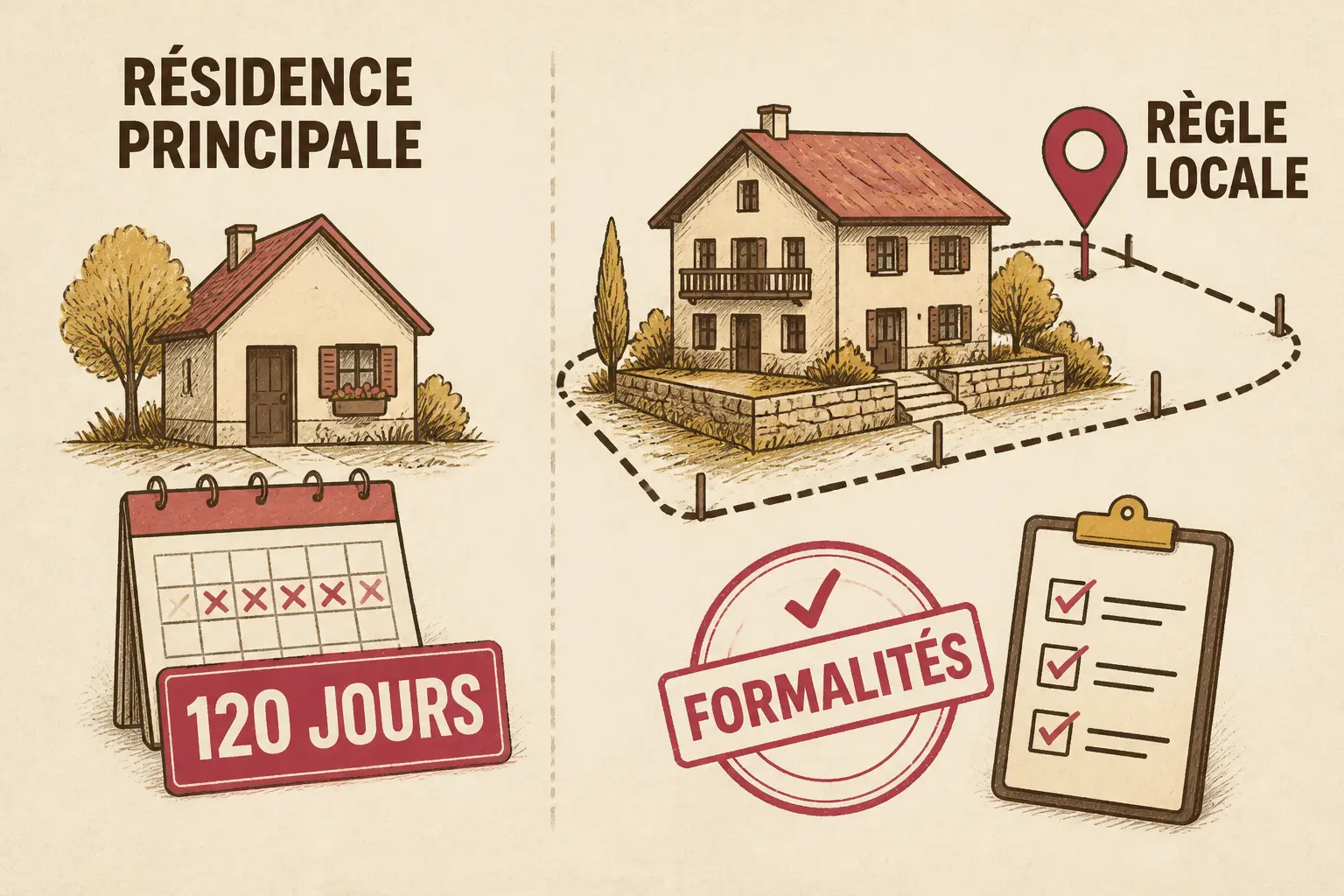 Infographie comparant airbnb nombre de jours maximum résidence secondaire : maison principale 120 jours et règles locales pour la secondaire.