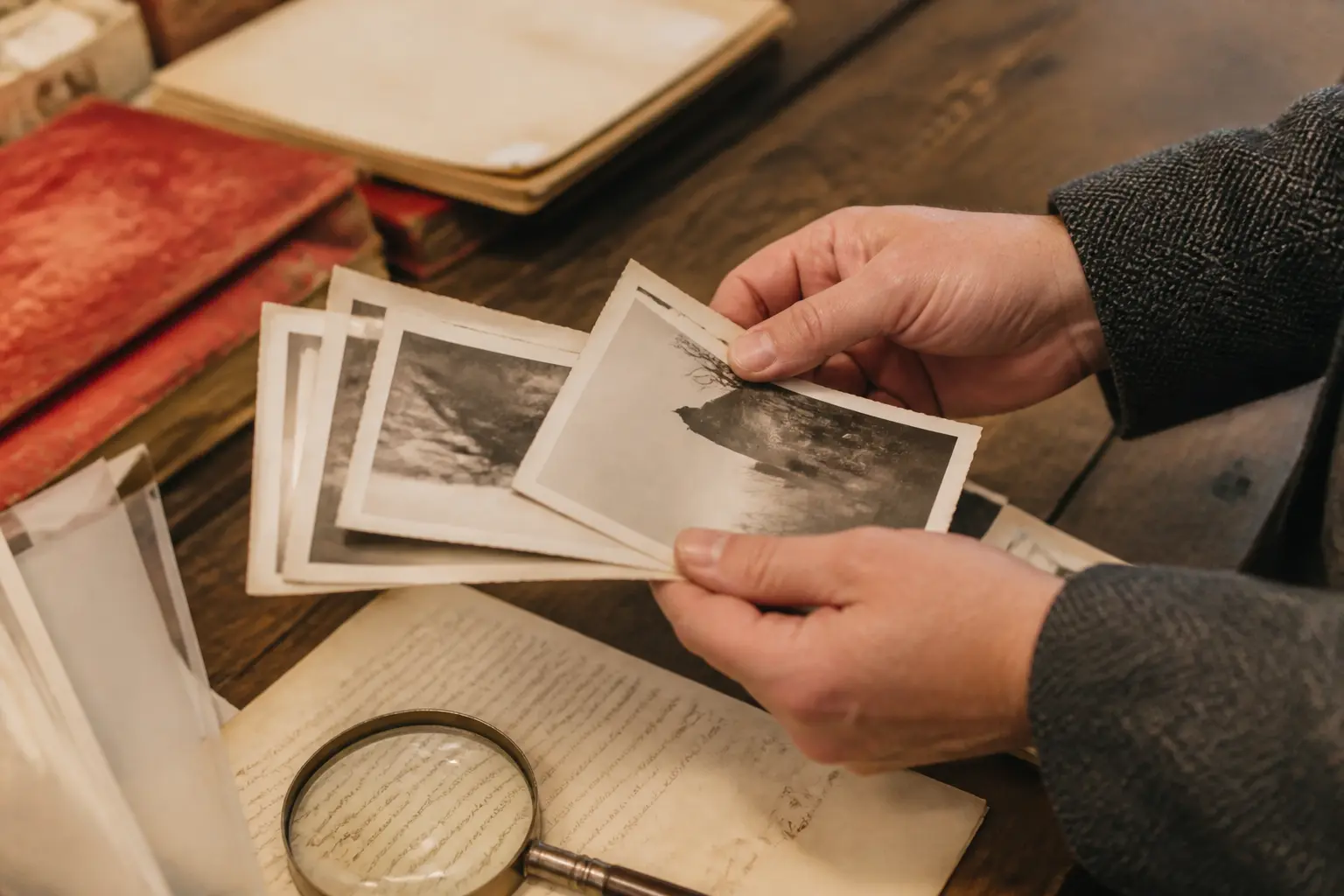 arret baldus : tirages photographiques anciens examinés sur une table d’archive, facture manuscrite et loupe, lumière chaude