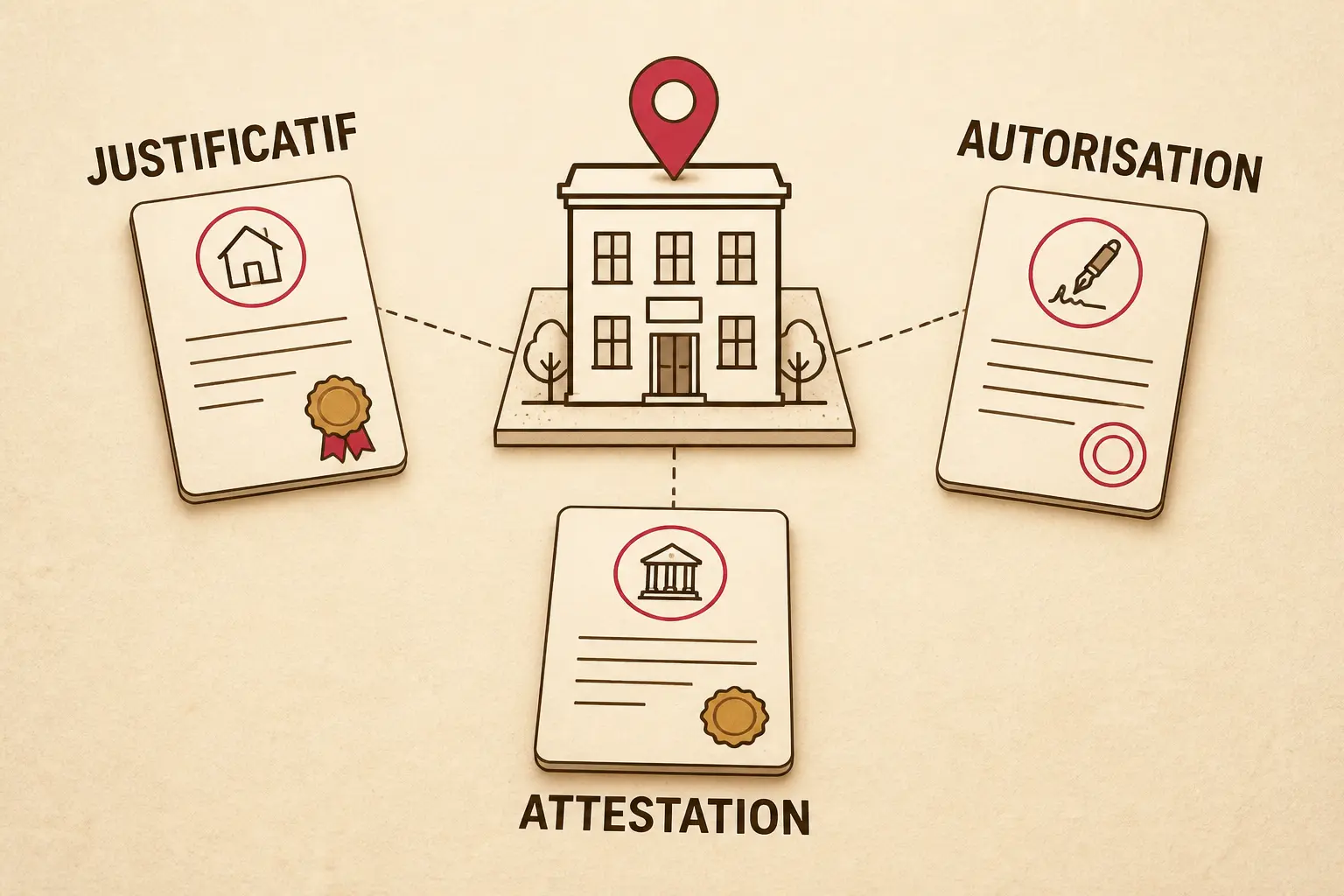 Infographie sur l’autorisation de domiciliation d'entreprise : bâtiment central et trois documents, justificatif, autorisation, attestation.