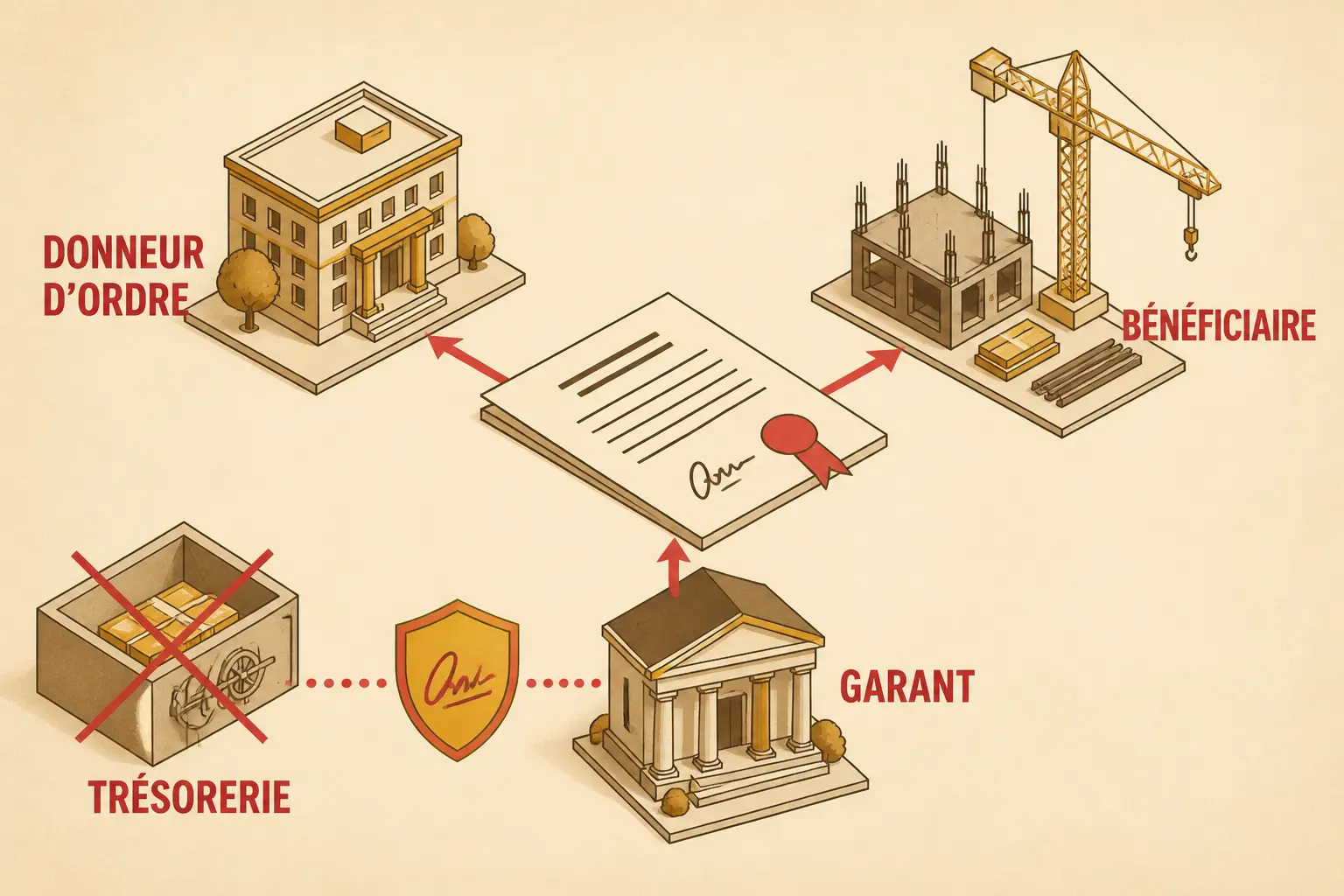 Infographie isométrique sur la caution de marché : donneur d’ordre, bénéficiaire, garant et trésorerie autour d’un contrat de chantier.