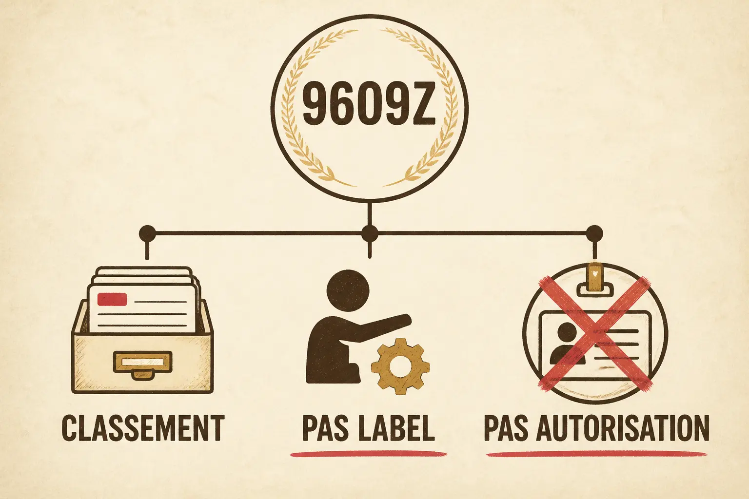 Infographie du code ape 9609z avec schéma central en trois branches : classement, pas label, pas autorisation.