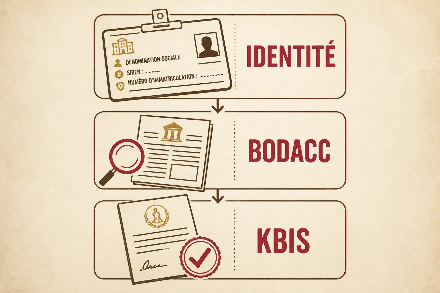 Infographie en 3 étapes pour comment savoir si une entreprise est en liquidation judiciaire : identité, BODACC, KBIS.