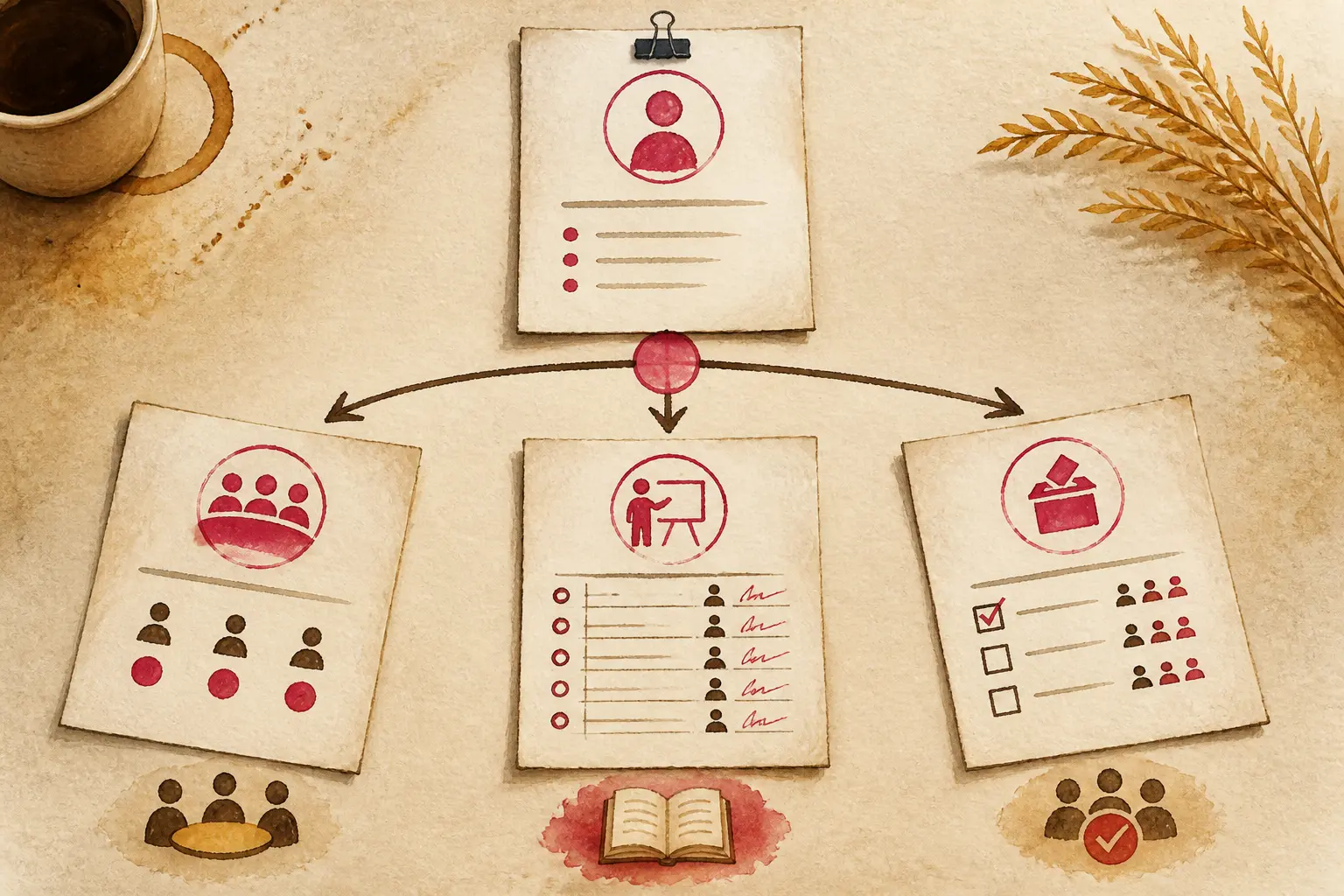 Feuille de presence illustrée : trois documents pour réunion, formation et vote associatif, en vue de dessus.