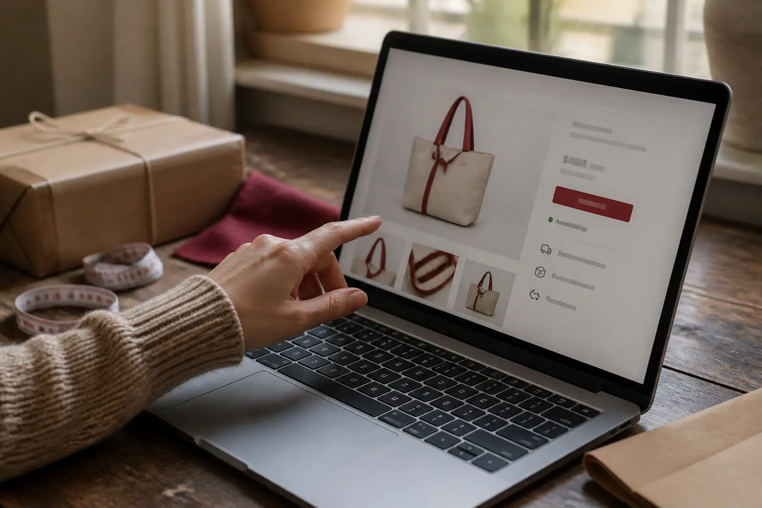 Fiches produits sur ordinateur portable, main du client, prix, stock, livraison et retours visibles sur un bureau e-commerce.