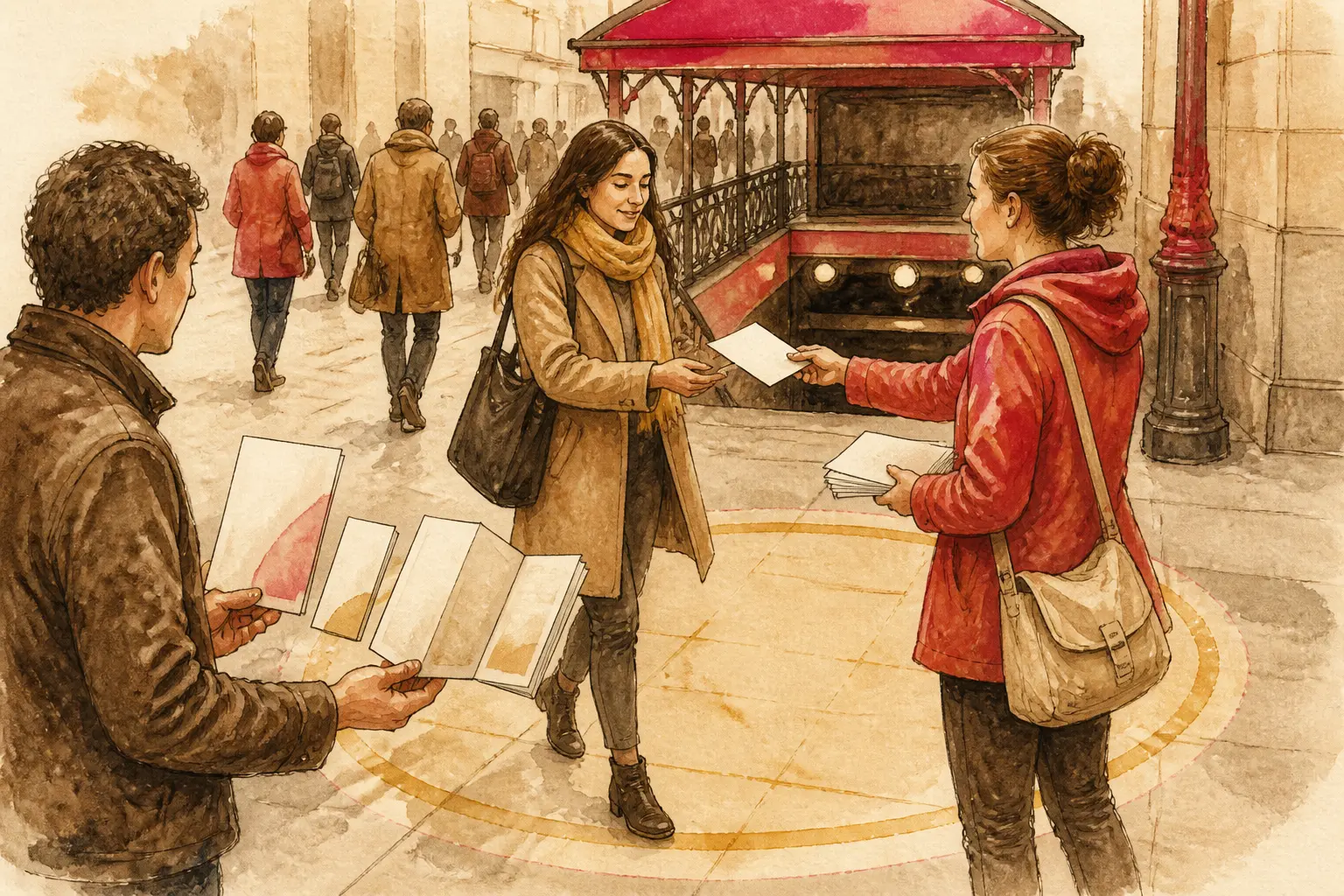 Flyering en sortie de métro : distribution de flyers et comparaison flyer, leaflet, brochure et prospectus plié.