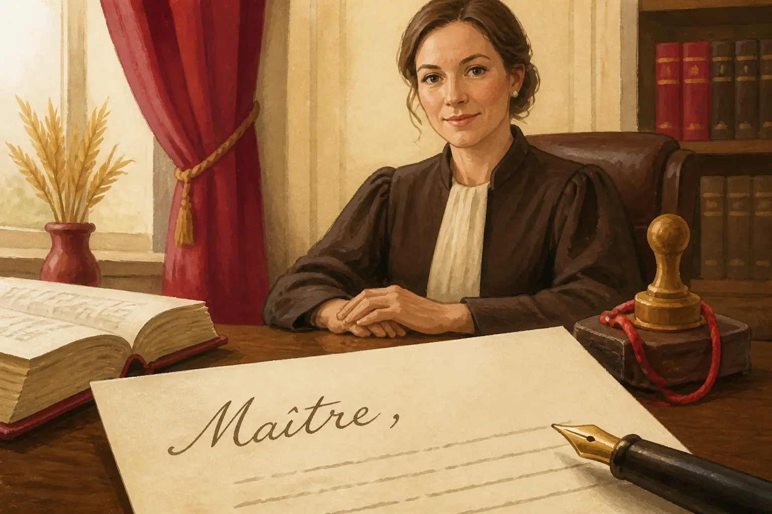 Formule de politesse pour un notaire : lettre adressée à Maître, bureau élégant et notaire en arrière-plan.