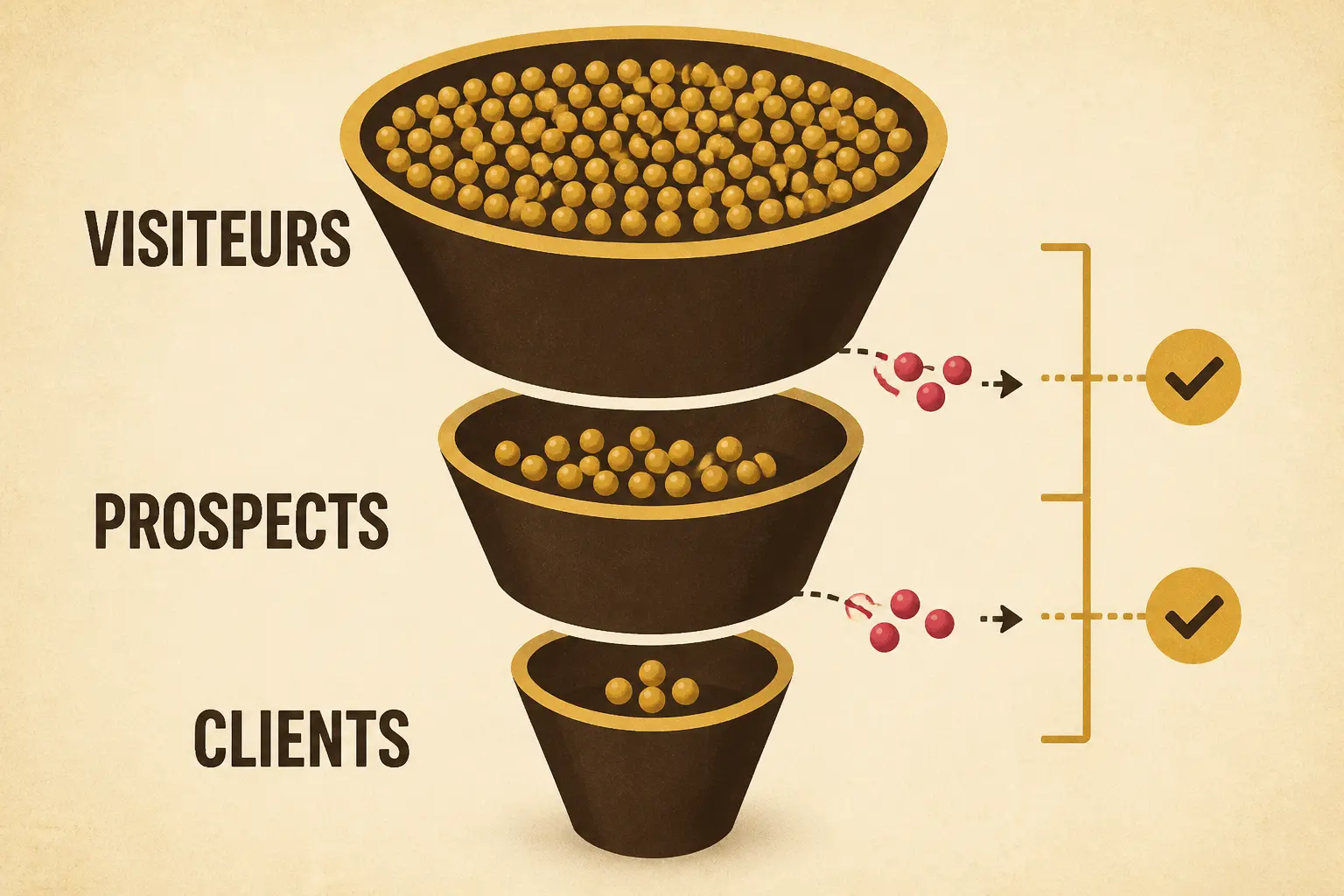 Funnel de conversion en entonnoir à trois niveaux : visiteurs, prospects, clients, avec pertes visibles entre étapes.
