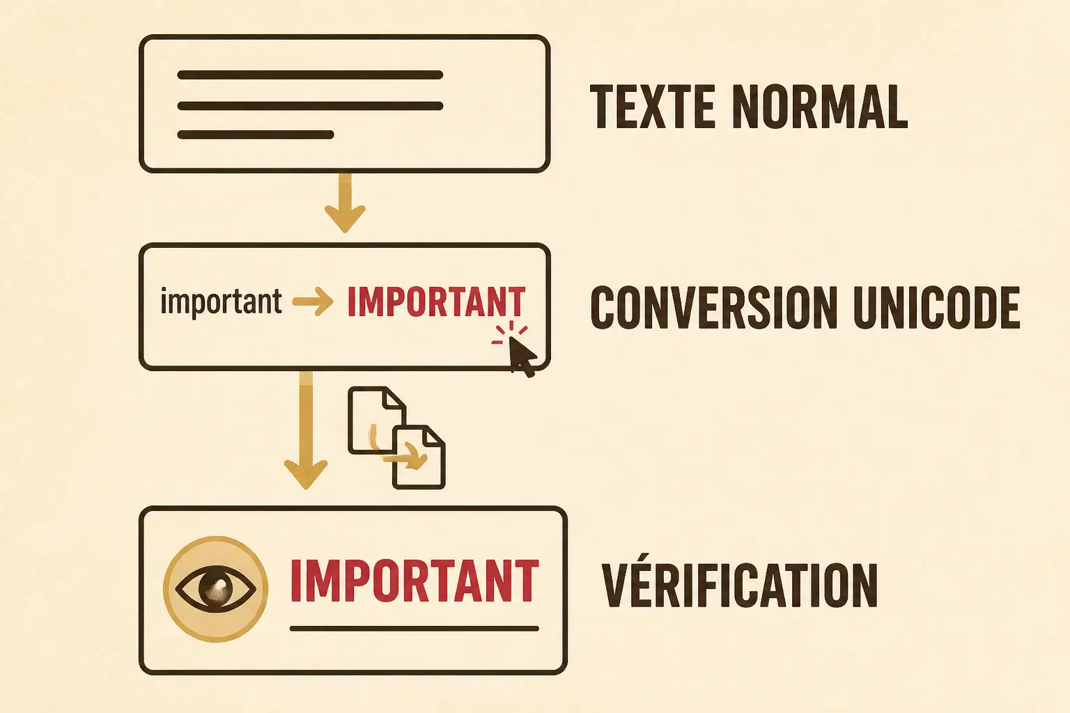 Schéma en 3 étapes pour gras linkedin : texte normal, conversion Unicode, vérification avant publication.