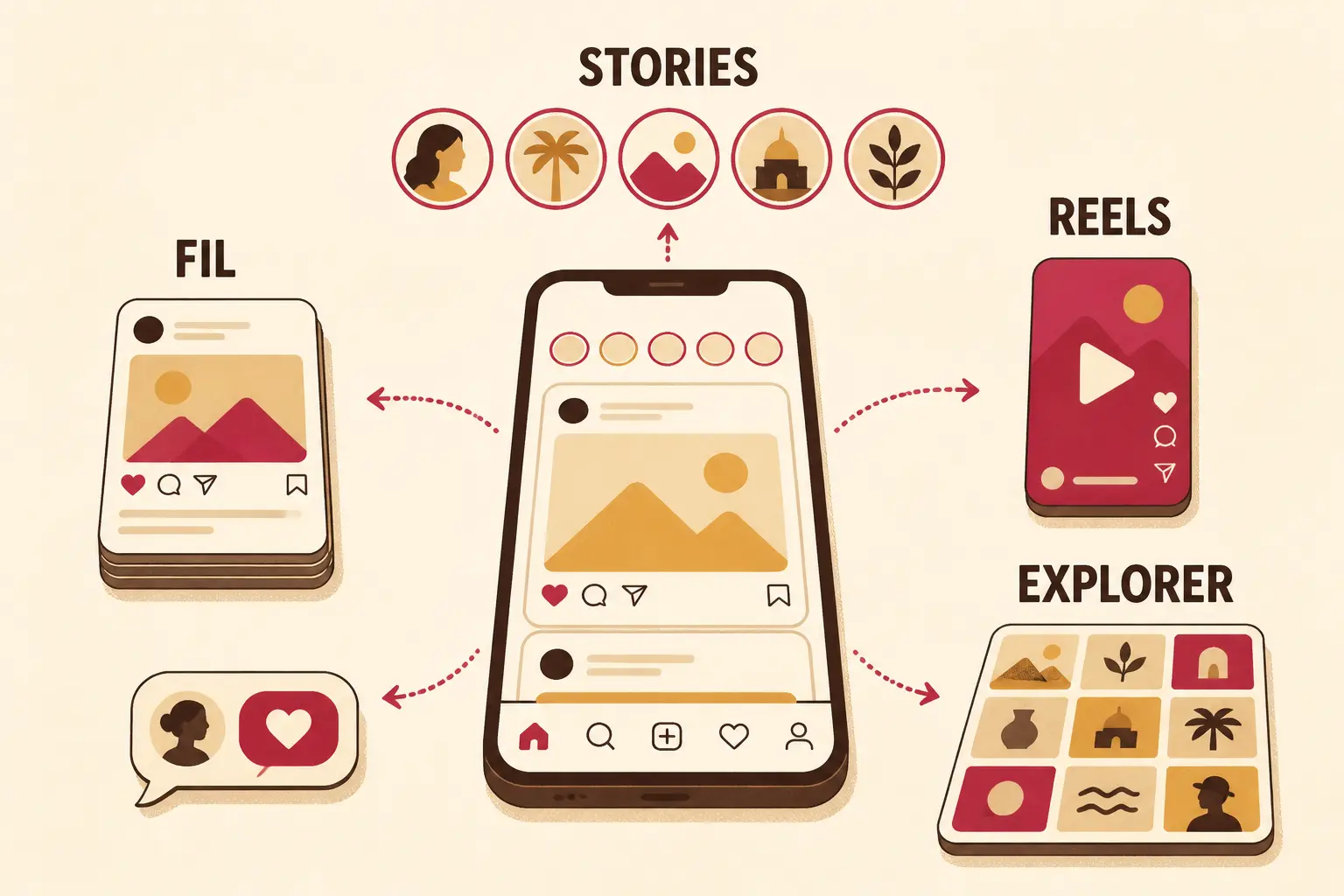 Infographie instagram pour les nuls : smartphone central, fil, stories, reels et explorer autour, en vue claire.