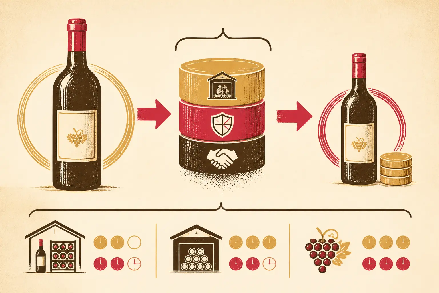 Infographie sur investir dans le vin : prix d’achat, coûts, commission et profit net, avec 3 options de gestion.