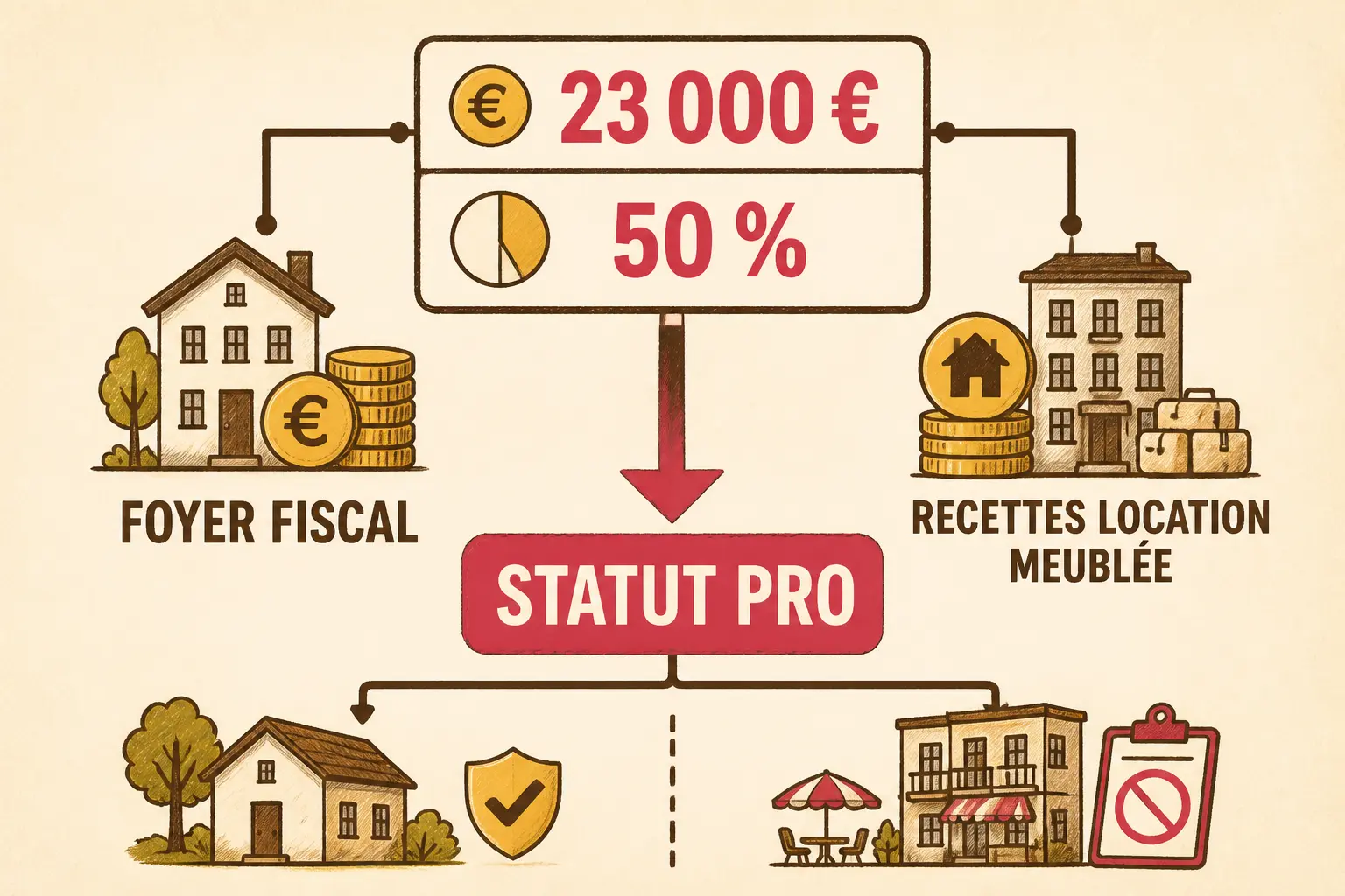 Infographie décisionnelle lmp ou lmnp : seuils 23 000 € et 50 % menant au statut pro, foyer fiscal et revenus locatifs.